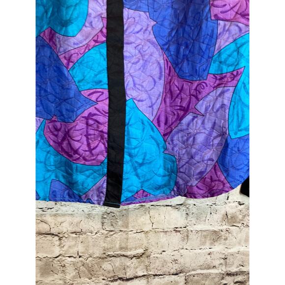 Vintage Bernini Top Womens 14 Cobalt & Purple Leaf Print Satin Button Front 80s - Picture 8 of 15